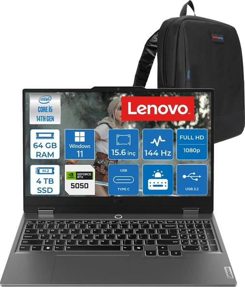 Lenovo Loq 15IRX10 Intel Core I5-14500HX 64GB Ddr5 4tb SSD RTX5050/8GB 100W 15,6 Inç Full Hd (1920X1080) IPS 300 Nit %100 Srgb, 144 Hz WIN11PRO Gaming Bilgisayar 83JE0128TRP25+ZETTAÇANTA ürün görseli 1