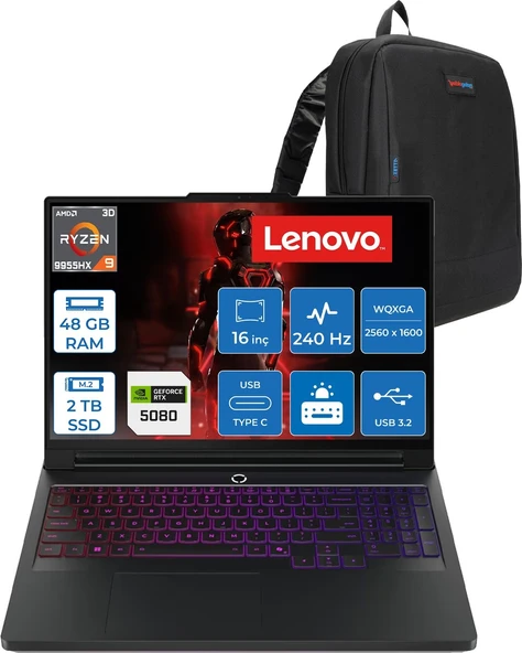 Lenovo Legion Pro 7 Amd Ryzen 9 9955HX3D 48GB 2tb SSD 16GB/RTX5080/175W 16" Wqxga (2560X1600) OLED 1000NITS 240Hz Windows 11 Pro Gaming Bilgisayar L83RU0031TRP19 + Zettaçanta ürün görseli 1