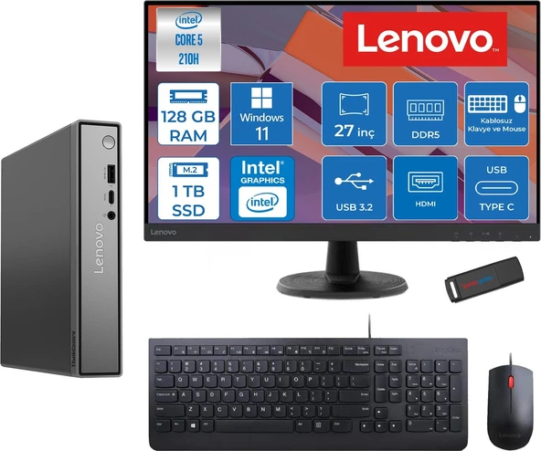 Lenovo Thinkcentre Neo 50Q Gen 5 Intel Core 5-210H 4.8ghz Up 128GB Ddr5 1tb SSD Intel® Graphics+Lenovo 27" FHD Mon. WIN11PRO Mini Masaüstü Bilgisayar 13B9001MTR27P38+ZETTAUSBBELLEK ürün görseli 1