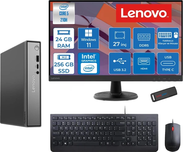Lenovo Thinkcentre Neo 50Q Gen 5 Intel Core 5-210H 4.8ghz Up 24GB Ddr5 256GB SSD Intel® Graphics+Lenovo 27" FHD Mon. WIN11HOME Mini Masaüstü Bilgisayar 13B9001MTR27H06+ZETTAUSBBELLEK ürün görseli 1