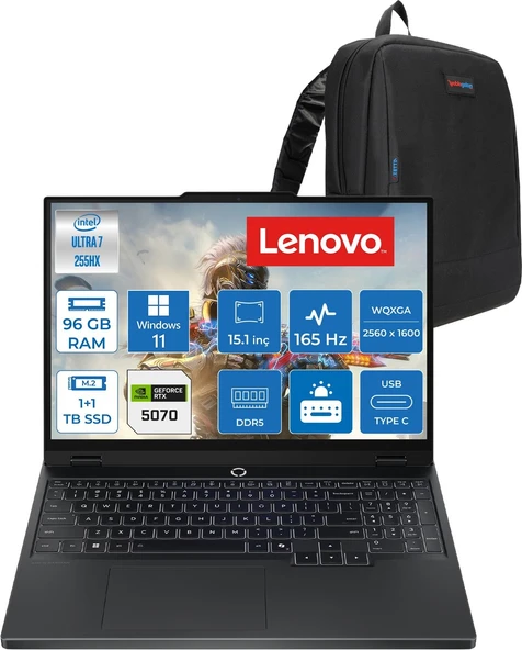 Lenovo Legion 5 15IAX10  Intel Core Ultra 7 255HX Ddr5 96GB 1tb Ssd+1tbssd RTX5070/8GB/115W 15.1" Wqxga (2560X1600) OLED 1000NITS 165Hz WINDOWS11PRO Gaming Laptop 83F0008BTRP44+ZETTAÇANTA ürün görseli 1