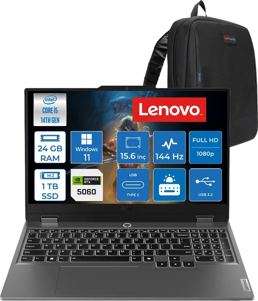 Lenovo Loq 15IRX10 Intel Core I5-14500HX 24GB Ddr5 1tb SSD RTX5060/8GB 100W 15,6 Inç Full Hd (1920X1080) IPS 300 Nit %100 Srgb, 144 Hz WIN11HOME Gaming Bilgisayar 83JE012LTRH08+ZETTAÇANTA ürün görseli 1