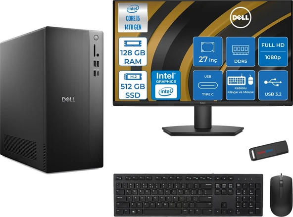 Dell Tower ECT1250 Intel Core I5 14400 128GB Ddr5 512GB SSD UHD Graphics 730 27" Mon WIN11PRO Kurumsal Masaüstü Bilgisayar ECT125014M27P29 + Zettausb ürün görseli 1