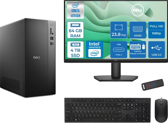Dell Tower ECT1250 Intel Core I5 14400 64GB Ddr5 4tb SSD UHD Graphics 730 23.8" Mon WIN11PRO Kurumsal Masaüstü Bilgisayar ECT125014M23P24 + Zettausb ürün görseli 1