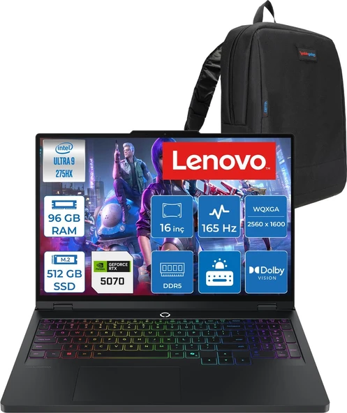 Lenovo Legion Pro 5 16IAX10 Intel Ultra 9 275HX 96GB 512GB SSD 8GB/RTX5070/115W 16" Wqxga (2560X1600) OLED 1100NITS 165Hz Wi-Fi7+Bt 5.4 Dos Gaming Bilgisayar L83F3008BTRF29 + Zettaçanta ürün görseli 1