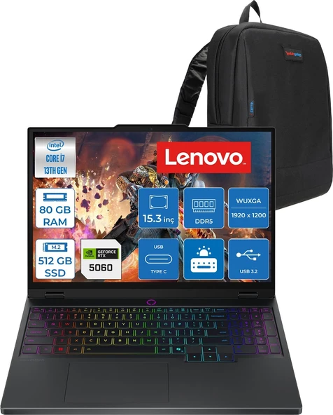 Lenovo Legion 5 15IRX10 Intel Core I7-13650HX 80GB 512GB SSD 8GB/RTX5060/115W 15.3" Wuxga IPS 300NITS 100% Srgb 165Hz Freedos Gaming Bilgisayar L83LY00PYTRF25 + Zettaçanta ürün görseli 1