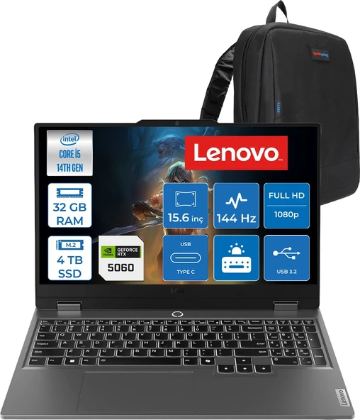 Lenovo Loq 15IRX10 Intel Core I5-14500HX 32GB Ddr5 4tb SSD RTX5060/8GB 100W 15,6 Inç Full Hd (1920X1080) IPS 300 Nit %100 Srgb, 144 Hz Freedos Gaming Bilgisayar 83JE012LTRF15+ZETTAÇANTA ürün görseli 1