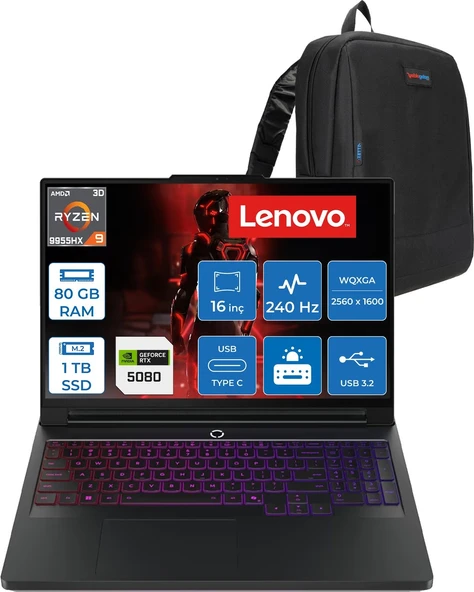 Lenovo Legion Pro 7 Amd Ryzen 9 9955HX3D 80GB 512GB+512GB SSD 16GB/RTX5080/175W 16" Wqxga (2560X1600) OLED 1000NITS 240Hz Windows 11 Home Gaming Bilgisayar L83RU0031TRH39 + Zettaçanta ürün görseli 1