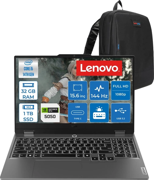 Lenovo Loq 15IRX10 Intel Core I5-14500HX 32GB Ddr5 1tb SSD RTX5050/8GB 100W 15,6 Inç Full Hd (1920X1080) IPS 300 Nit %100 Srgb, 144 Hz Freedos Gaming Bilgisayar 83JE0128TRF13+ZETTAÇANTA ürün görseli 1