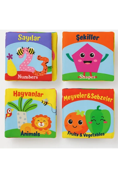 İDEXAL 4 lü eğitici Bebek Kumaş Kitabı Seti-Sayılar,Şekiller,Hayvanlar,Meyveler-İlk Gelişim Kitabı-Hışırtıl ürün görseli 1