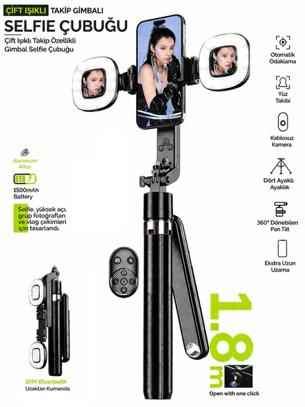 Yüz Takip Özellikli Gimbal Tripod Şarjlı Çift Led Işık Ayna Kumanda Uzun 1.8m Selfie Çubuğu Telefon Tutucu ürün görseli 1