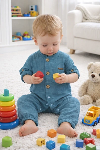 Kız Erkek Bebek Tulum %100 Pamuk Müslin Katlanabilir Kollu Çıtçıtlı 22401 ürün görseli 1