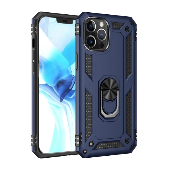 Apple İphone 12 Pro Max Kılıf Sofya Yüzüklü Silikon Kapak - Lacivert ürün görseli 1