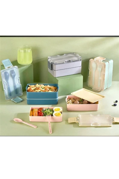 Relaxion 600 ML Lunch Box 2 Katlı Yemek Kutusu Çatal Kaşıklı Yeşil Beslenme Kutusu BPA İÇERMEZ ürün görseli 1