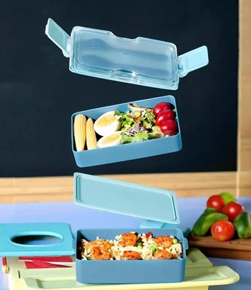 Relaxion 600 ML Lunch Box 2 Katlı Yemek Kutusu Çatal Kaşıklı Mavi Beslenme Kutusu BPA İÇERMEZ ürün görseli 1