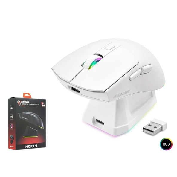 Hadron MOFAN MF1215W Dual Mode Gaming Mouse RGB Manyetik Şarj Standlı Bluetooth 2.4GHz - Beyaz ürün görseli 1