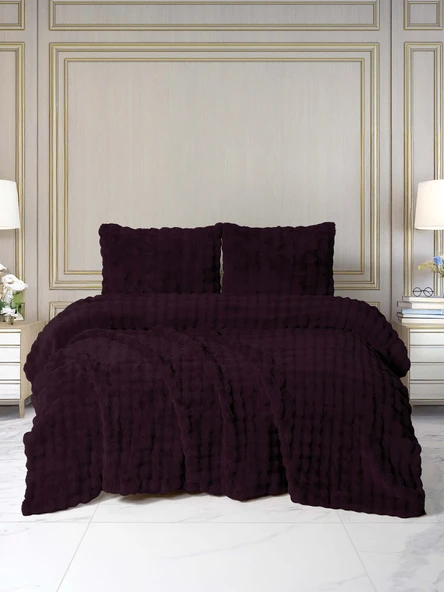Merinos Dıamond 3 Parça Bubble Kürk Comforter Set Mürdüm ürün görseli 1