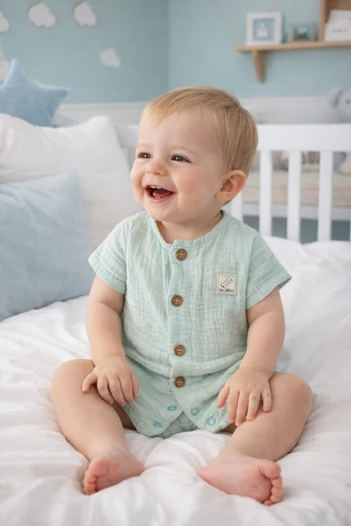 Kız Erkek Bebek Kısa Kollu Çıtçıtlı Tulum %100 Pamuk Müslin 22404 ürün görseli 1