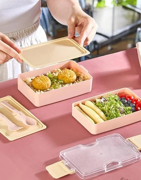 Relaxion 600 ML Lunch Box 2 Katlı Yemek Kutusu Çatal Kaşıklı Pembe Beslenme Kutusu BPA İÇERMEZ ürün görseli 1