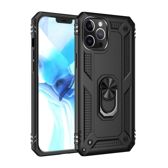 Apple İphone 12 Pro Max Kılıf Sofya Yüzüklü Silikon Kapak - Siyah ürün görseli 1