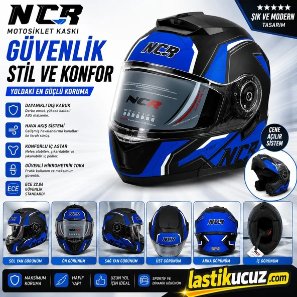NCR-160E ÇENE AÇILIR GÖZLÜKLÜ E-CE BELGELİ KASK MAVİ GRAFİK ürün görseli 1