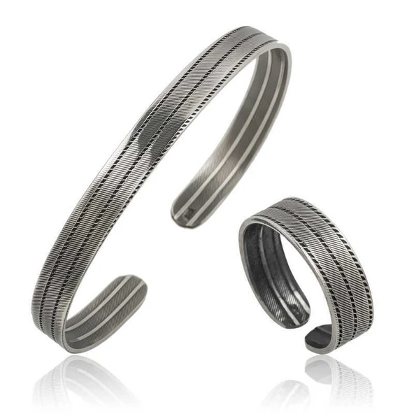 Norino 925 Ayar Gümüş Çizgi Desenli Bileklik Ve Yüzük Set ürün görseli 1