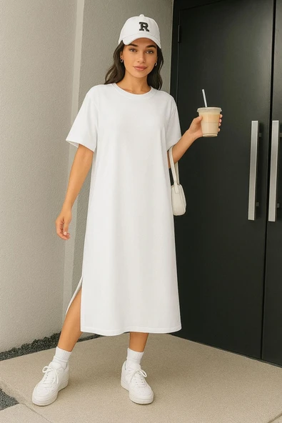 Kadın Süprem Kumaş Uzun Oversize Kalıp Yırtmaçlı Elbise ürün görseli 1