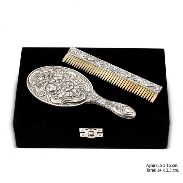 Norino Manolya Motifli Ayna Tarak Gümüş Set ürün görseli 1