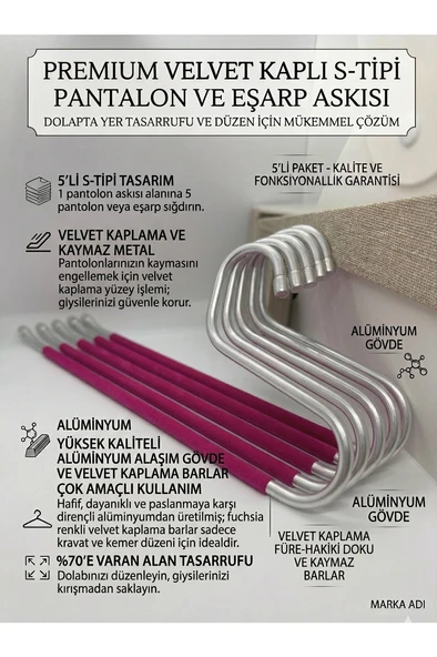 Premium S Tipi 5'li Pantolon ve Eşarp Askısı - Kaplamalı, Kaymaz, Yer Tasarruflu (Pembe ürün görseli 1