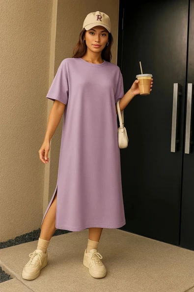 Kadın Süprem Kumaş Uzun Oversize Kalıp Yırtmaçlı Elbise ürün görseli 1