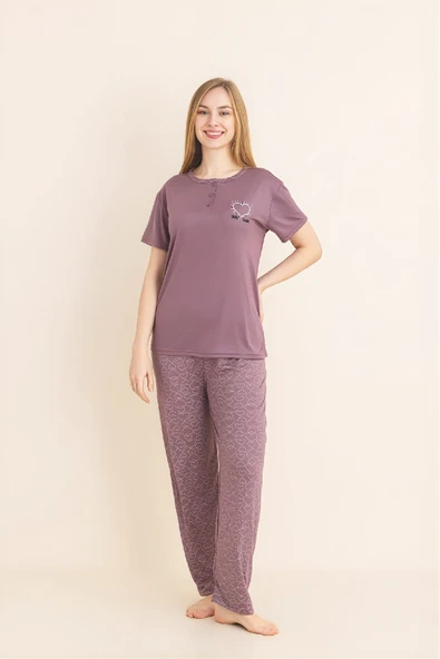 Kadın Pijama Takımı-Menekşe Kumaş-3 Düğmeli-Yaka Baskılı-12606SF ürün görseli 1