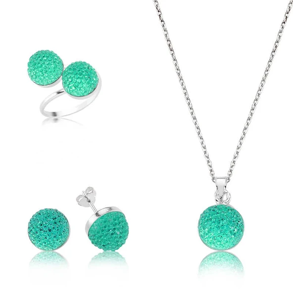 Norino 925 Ayar Gümüş Yeşil Kristal Taşlı Set ürün görseli 1
