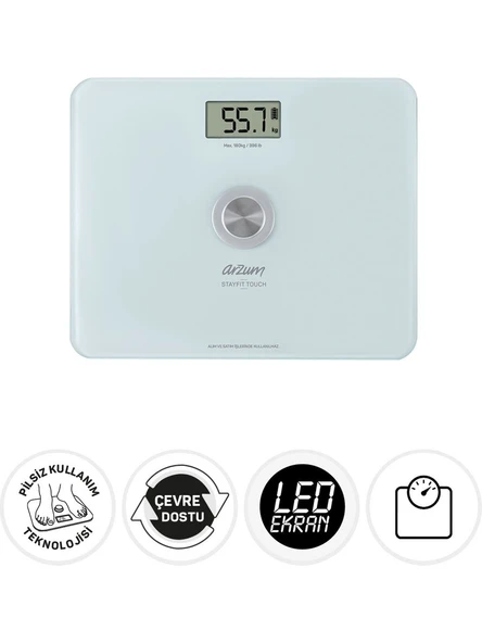 Arzum AR5126 Stayfit Touch Cam Beyaz Baskül, Pilsiz Kullanım, 180 Kg’a Kadar Ölçüm Kapasitesi, Beyaz ürün görseli 1