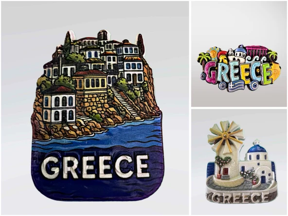 Greece (Yunanistan) Temalı Kabartmalı Polyester 3 lü  Magnet Seti Buzdolabı Süsü (kod:1086) ürün görseli 1