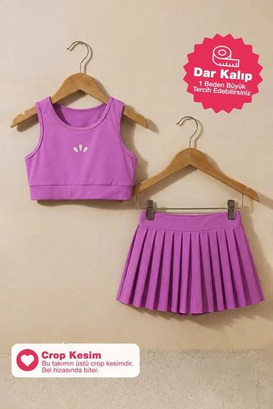 Kız Çocuk Sportif Mor Renk Pilili Crop - Şort Etek Alt - Üst Takım ürün görseli 1