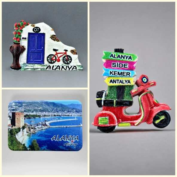 Alanya 3’lü Magnet Set Buzdolabı Süsü Hediyelik (2 Kabartma Polyester + 1 Plastik) (KOD:1097) ürün görseli 1