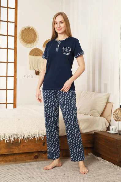 Kadın Pijama Takımı-Pamuk Penye Kumaş-3 Düğmeli 12607 ürün görseli 1