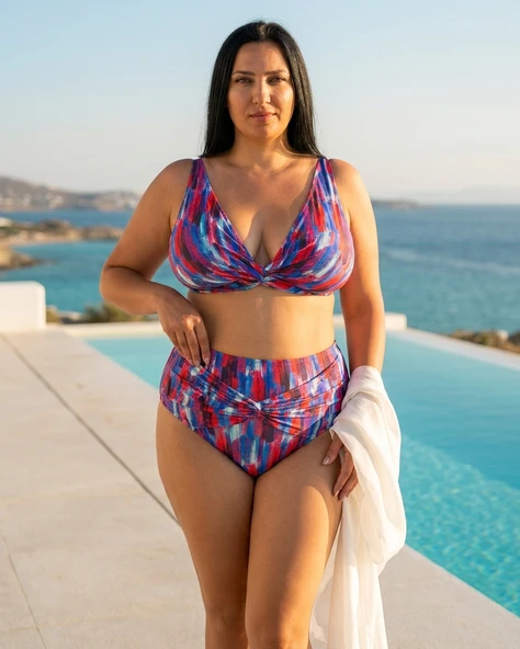 Büyük Beden Üçgen Sabit Pedli Desenli Toparlayıcı Yüksek Bel Kadın Bikini Takım ürün görseli 1