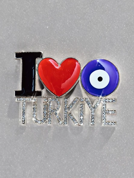 I Love Türkiye Metal Magnet – Işıltılı Taş Detaylı Özel Tasarım, Nazar Detaylı Dekoratif Buzdolabı Magneti 6x4 cm ürün görseli 1