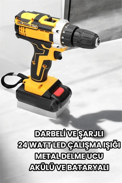 Metal Dişli 24W Akülü Matkap -Çift Bataryalı ve LED Çalışma Işığı ile Tam Set ürün görseli 1