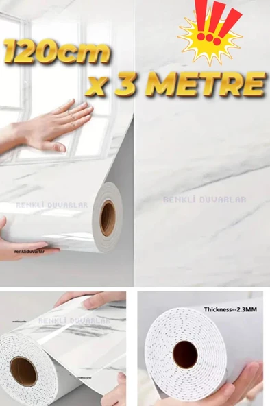 120cm x 3 Metre 1 Adet Parlak Beyaz Mermer Desenli Yapışkanlı Duvar Paneli Kağıdı Banyo Wc Döşeme ürün görseli 1