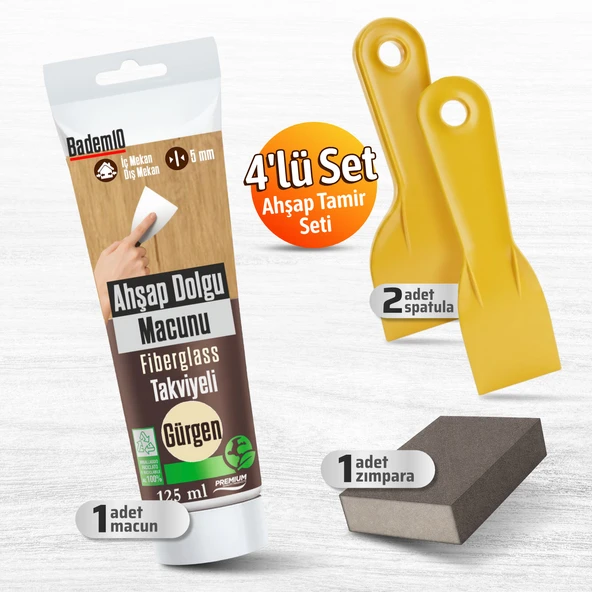 Pratik (4'LÜ) Ahşap Tamir Seti Gürgen Renk 200 Gr Tamir Macunu + 2 Adet Spatula + Kübik Zımpara ürün görseli 1