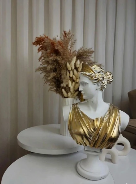 Dekoratif Diana Büst Biblo – Antik Yunan Heykel Tarzı, Biblo Beyaz Gold Lüks Salon Konsol Süs Objesi ( polyester) ürün görseli 1