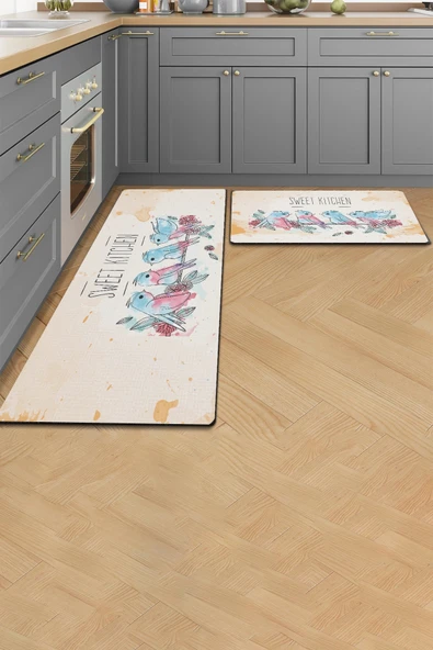 Valerine Life Mutfak Yolluğu Halısı Sweet Kitchen Krem Renk Tezgah Önü Paspası İkili Kilim Takımı Döküntülere Estetik Çö ürün görseli 1