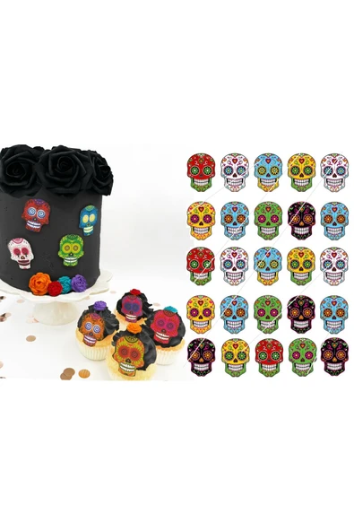 hediyehobihersey Cadılar Bayramı İskelet Kuru Kafa Şekerli Kağıda Baskı, Cupcake, Kurabiye, Pasta Baskısı ürün görseli 1