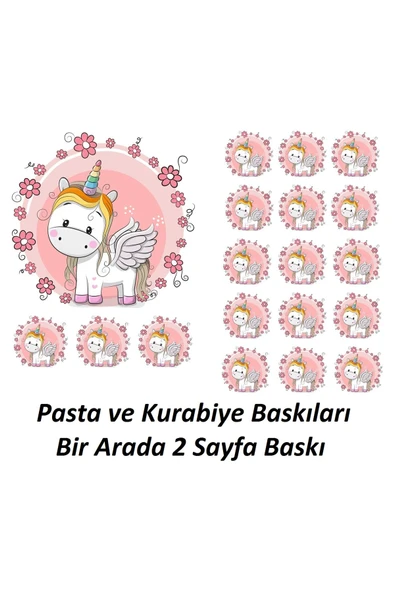 hediyehobihersey Sevimli Unicorn Şekerli Kağıda Baskı Yenilebilir Kağıt Hem Pasta Hem Kurabiye Baskısı Eko İkili ürün görseli 1