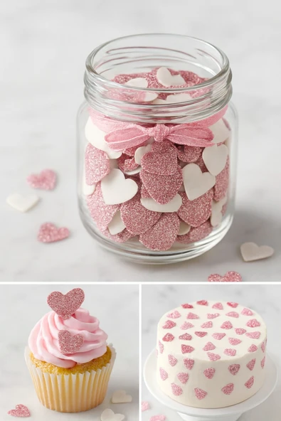 hediyehobihersey Mini Simli Pembe Kalp Pasta Süslemesi, Yenilebilir Konfeti Mini Kalp 65 Adet ürün görseli 1