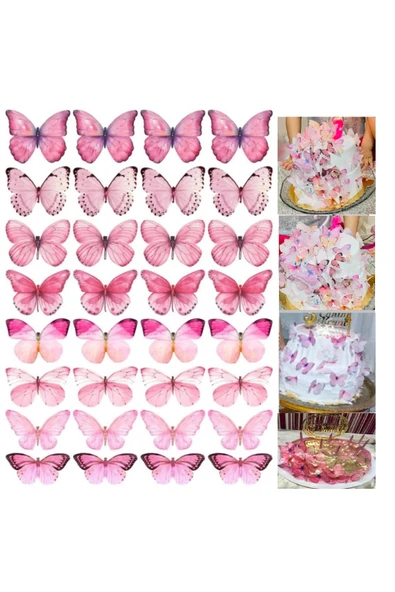 hediyehobihersey Pembe Kelebekler Şekerli Kağıda Baskı Yenilebilir Kağıt Pasta Baskısı ürün görseli 1