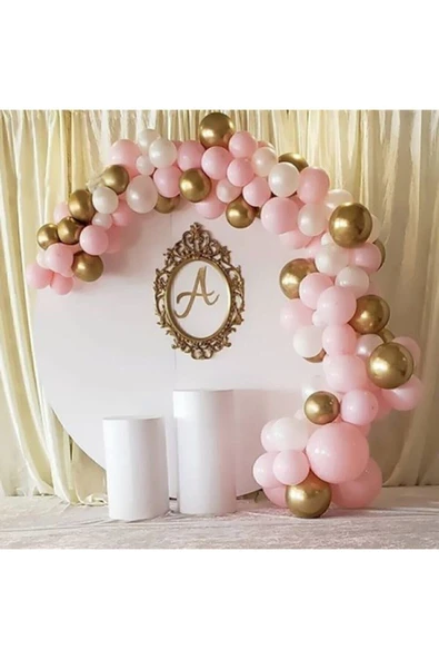 BalonEvi 50 Adet 12 Inç Metalik Parti Balonu Pembe -Beyaz - Gold + 5 mt Balon Zinciri ürün görseli 1
