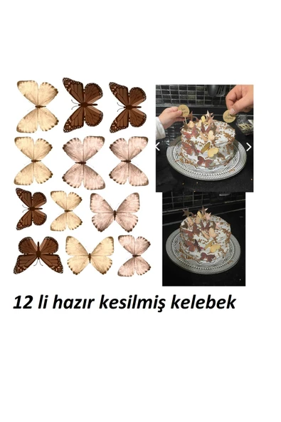 hediyehobihersey Kesilmiş Kahve Krem Konsept Hazır Kesilmiş Kelebekler 12 Adet ürün görseli 1
